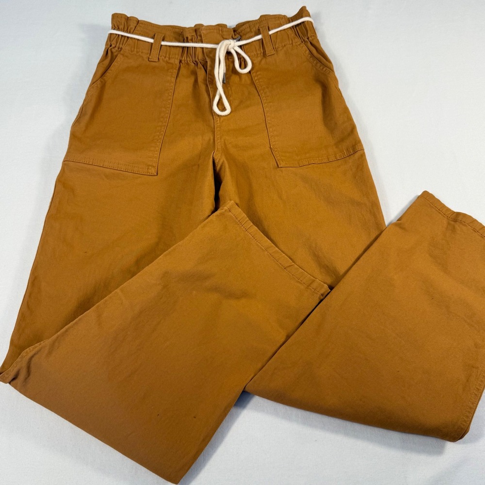 Sky & Sparrow Utility Paperbag Pants S Brown Cotton Straight Leg Rope Tie
